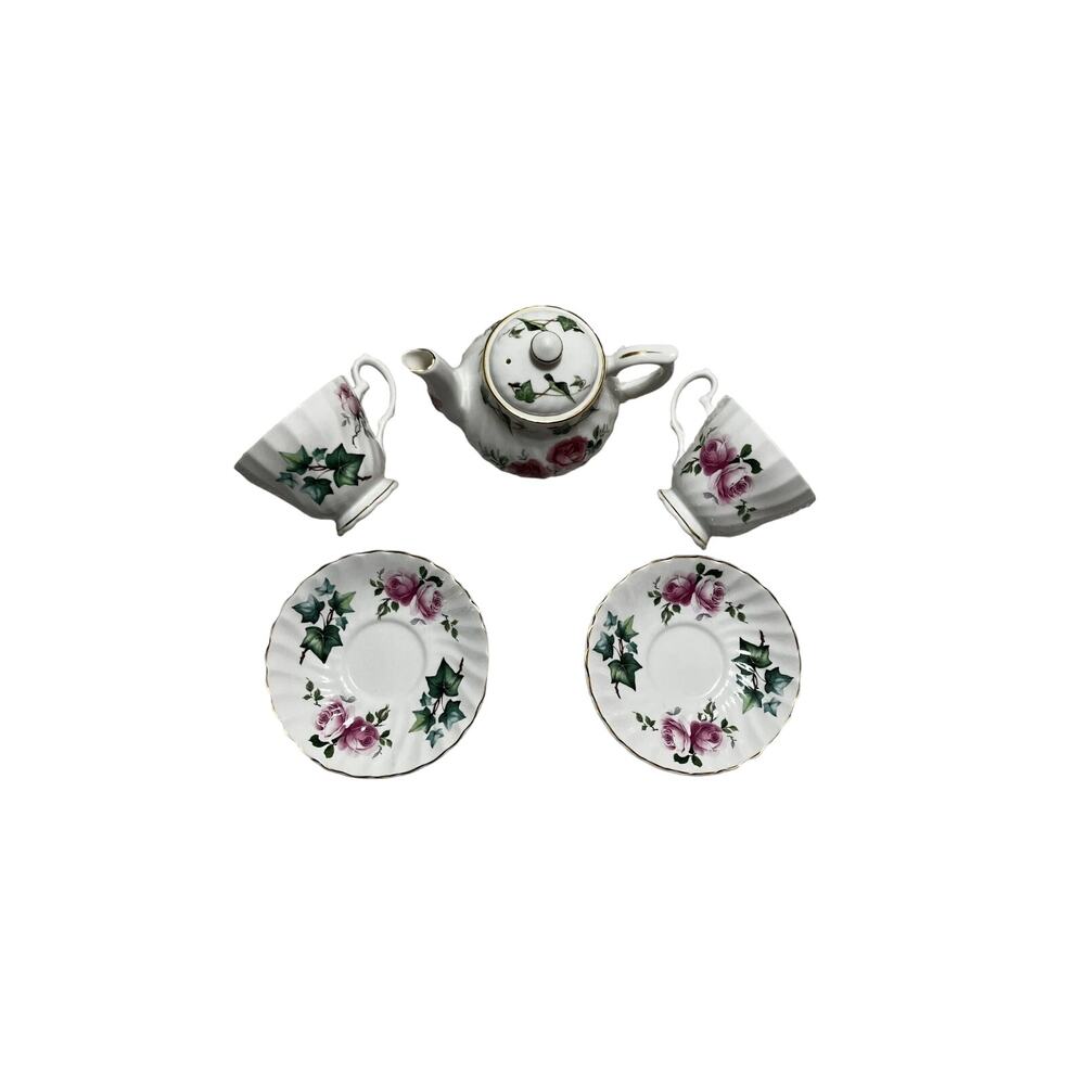 Pink Roses Ivy Matching Tea Set Crown Dorset Teapot Teacups Saucers Gold Trim